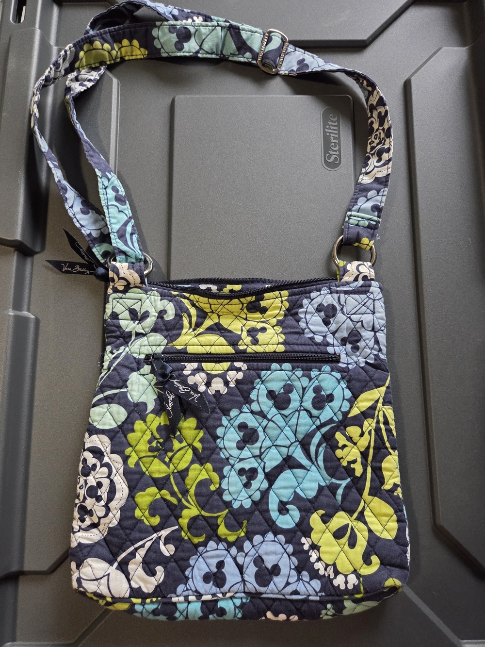 Vera Bradley Navy Floral Quilted Crossbody Mickey with Aqua & Lime Accents